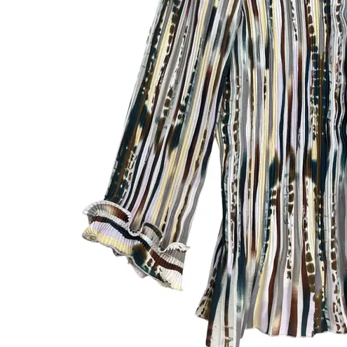 Sioni Ruffle Front Abstract Stripe Pleated Blouse Bell Sleeves Multicolor XL