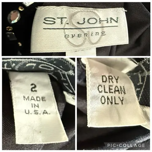 St. John Evening Black Knit Dress Open Back Bow Puff Sleeve Rhinestones Size 2