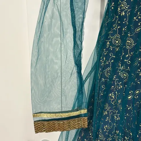 Pakistani Blue and Gold Beaded Sequin Long Sheer Sleeve Dress Size XS