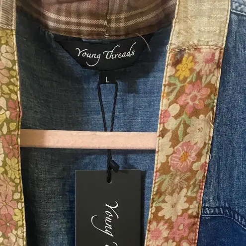 Young Threads Patchwork Denim Cardigan - Blue, Cream, and Red