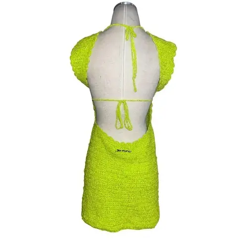 Ganni Velvet Crochet Open Back Mini Dress in Lime Punch Small New Womens Velour