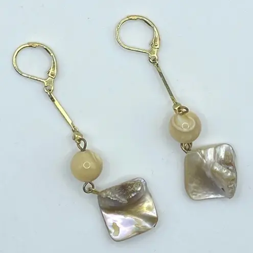 Boho Mother of Pearl Dangle Earrings Gold Tone Coastal Beach Resort Jewelry