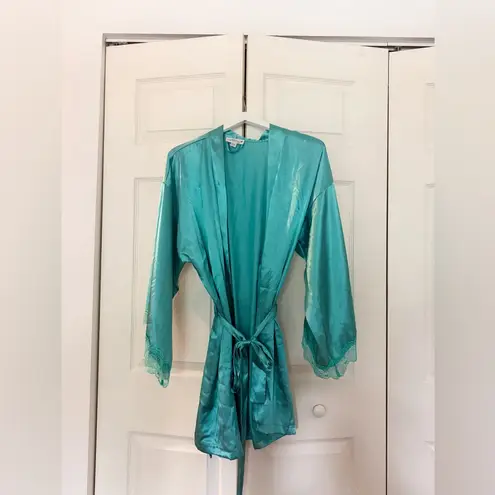 In Bloom by Jonquil Teal Green Blue Satin Lace Trim Tie Robe Size Medium Large