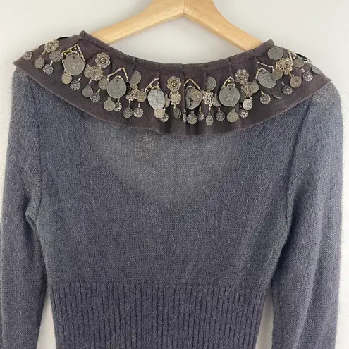 LOVE SEX MONEY Vintage Y2K Dark Brown Butterfly Coin Embellished Mohair Sweater Size M