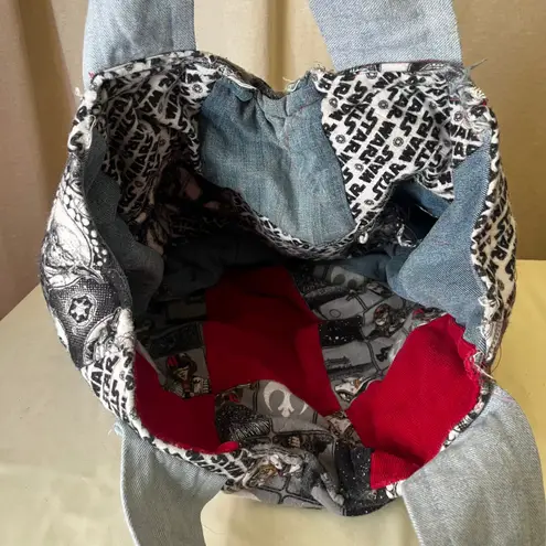 Handmade Patchwork Tote Bag Denim Red Reversible Graphic Fabric Shopper Blue - Image 6