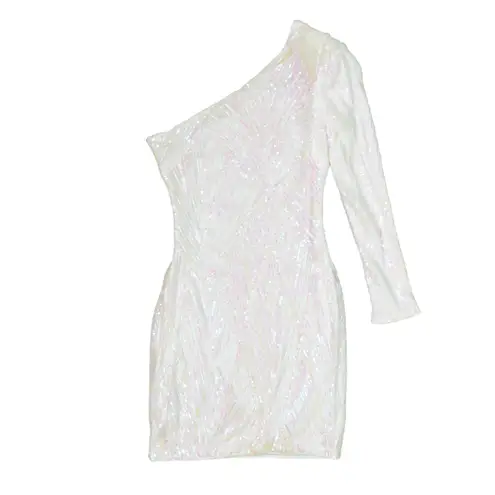 Love & Lemonade White Sequin One Shoulder Long Sleeve Cocktail Dress Large