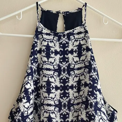 One Clothing Blue and White Print Dress with High Neck & Cinched Waist, Size S-M