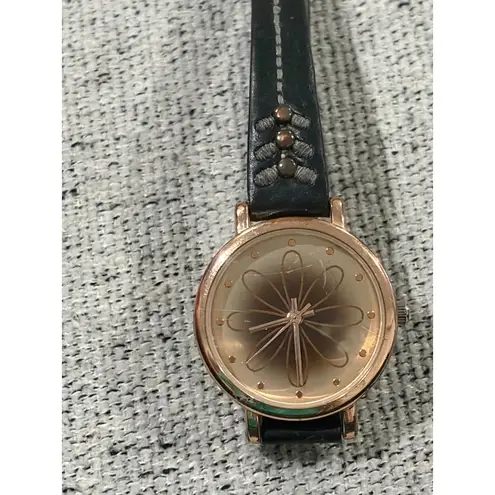 Womens Accutime Gold Tone Floral Watch Black Leather Strap Detail