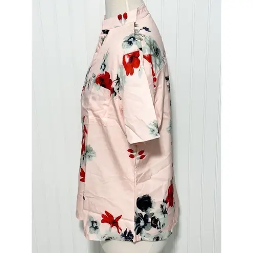 Women's Polyester Floral Print Split Neck Short Sleeve Top Pink Size Large