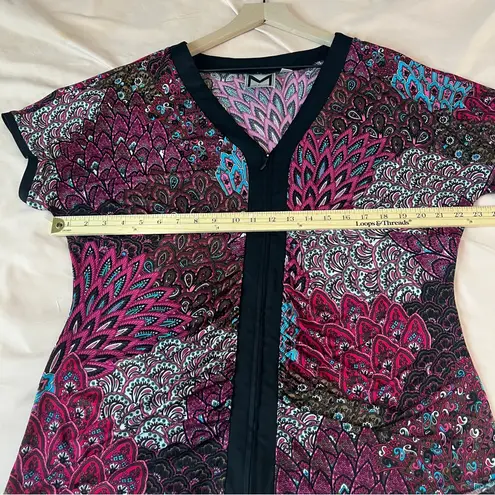 Marc Bouwer Pink Blue Paisley Feather Patterned Zip Front Dolman V