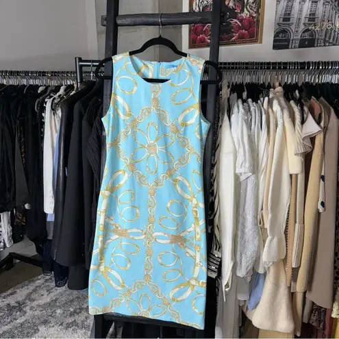 J. McLaughlin Sky Blue Gold Chain Print Sleeveless Sheath Dress