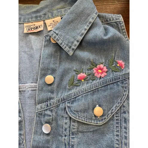 Carriage Court Sport Blue Jean denim vest with embroidered‎ flowers floral Size M