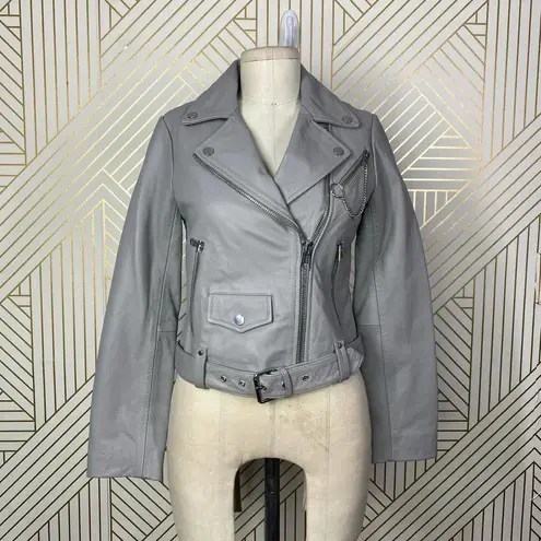 Maje Bassung Belted Leather Motorcycle Jacket Gray