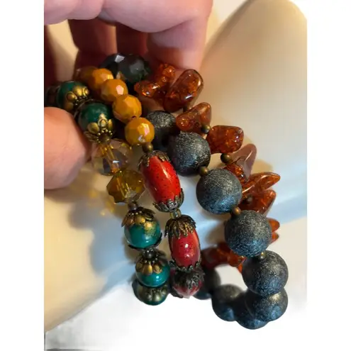 Colorful Multicolor Beaded Elastic Bracelet Set With Turquoise Red Amber & Yello