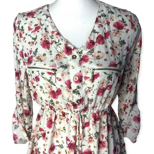 J for Justify Floral Print 3/4 Sleeve Button Front Gold Details Tunic Blouse
