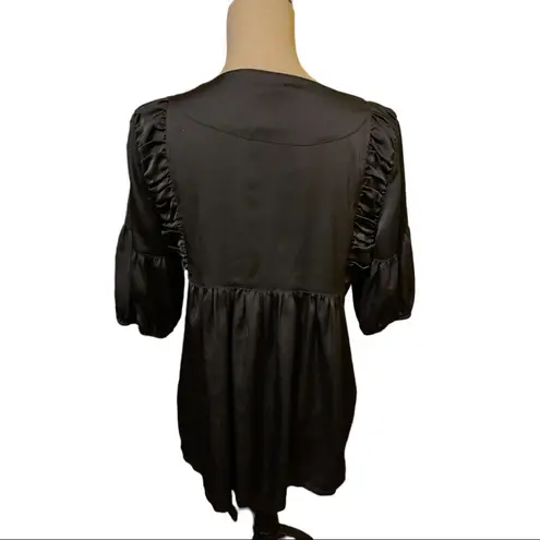 Pink Twill Women’s Babydoll Blouse Charcoal Gray Satin Feel Size M Short Sleeve Size M