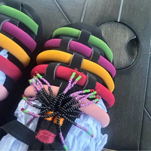 Farm Rio NEW Black Rainbow Beaded vegan sandals with dust bag size 9 tassels