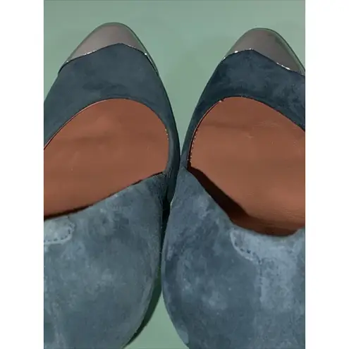 $495 SIGERSON MORRISON Womens Sz 7B green suede silver cap toe pumps shoes