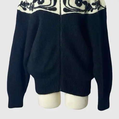 VTG 90s I.B. Diffusion Black Cream Floral Wool Blend Zip Sweater Jacket Small