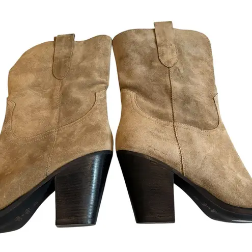 Grungemana Pull On Suede Pointy Toe Mid Calf Western Boots, Sz EU 39 Tan