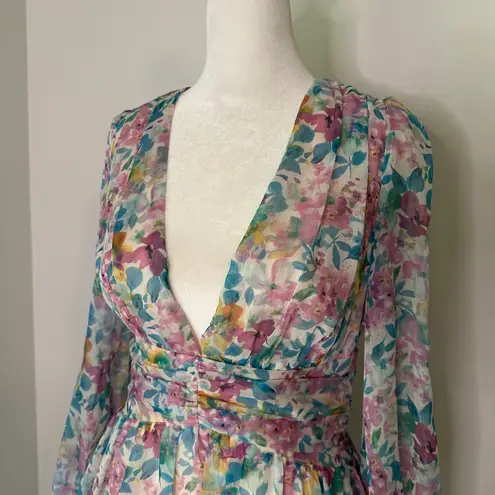 Hello Molly  purple, blue & white floral v-neck long sleeve mini dress size 4