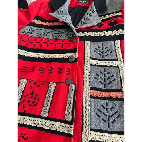 Anthony Mark Hankins Colorblock Wool Blend Coat With Embroidery & Lace Trim Sz3x Red Size 3X