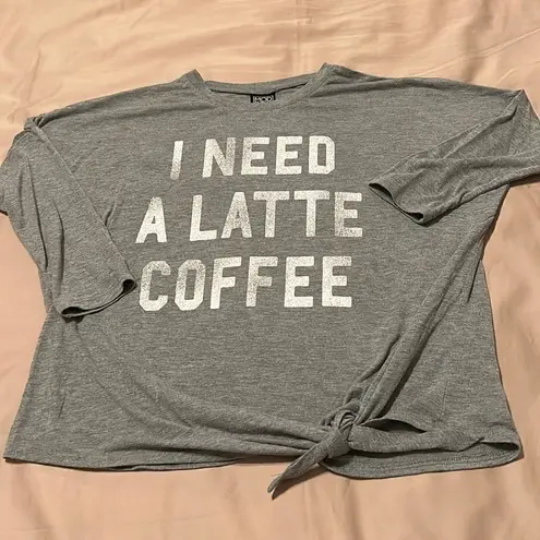 Modern Lux size smallādistressed grey āI need a latte coffeeā tie front top EUC - Image 2