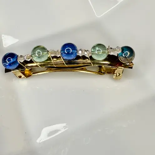 Hand Crafted Blue & Green Round Bead & Clear Crystals Gold Tone Hair Clip