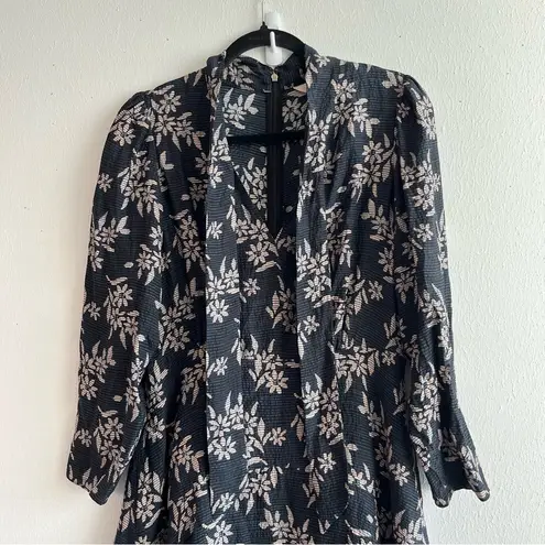 Rebecca Taylor Dress 100% Silk Long Sleeves Tie Neck Navy & Pink Floral Sz 6 EUC