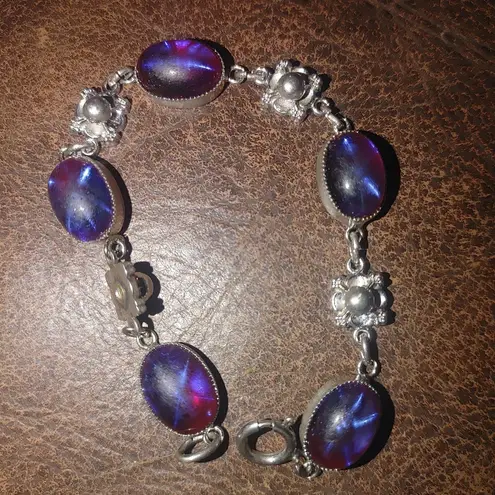 Vintage Bracelet Floral Silver Tone Oval Cabochons Red Blue Glass Star Stones