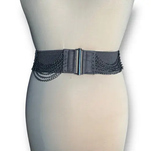 Vintage Y2K Yik Fung Brown Leather Draped Chain Elastic Statement Belt Deadstock