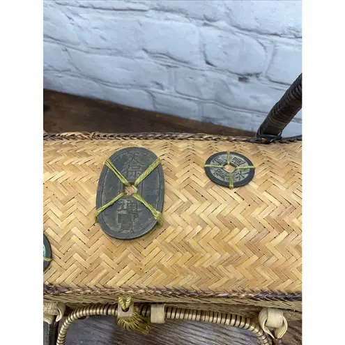 Vintage Straw Handmade Bag Summer Beach Weave With Lid Chinese Accents