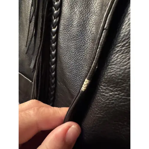 VTG FMC Black Leather Fringe Braided Lace Up Vest M Motorcycle Biker Western Size M