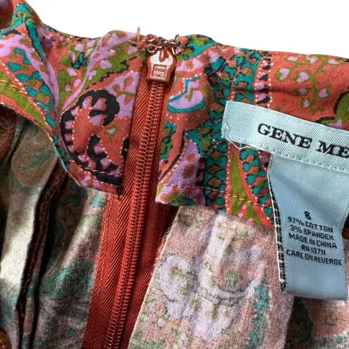 Vibrant Colorful Paisley Print Gene Meyer Midi Pleated Zippered Skirt, Size 6 Red