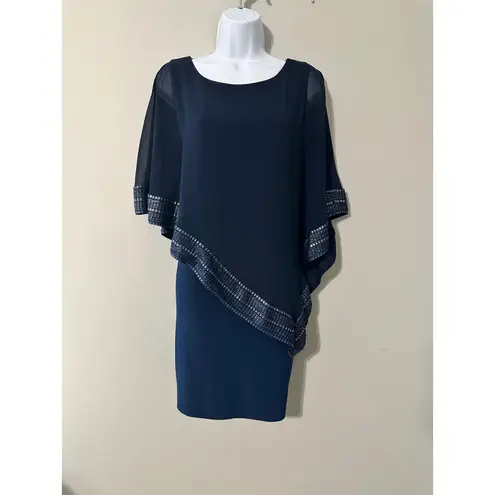 Slny Navy Blue Embellished Sheer Capelet Sheath Dress Size 8