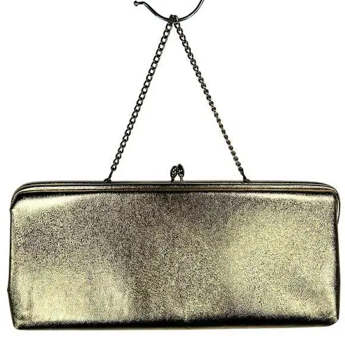 Vintage Gold Clutch Prom Purse Pocketbook 10" Kiss Lock Chain Strap Satin Glam