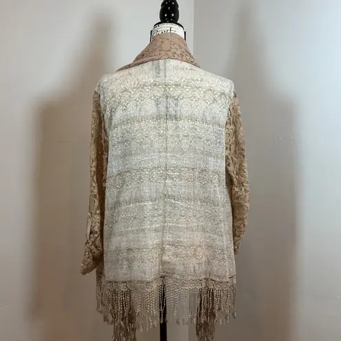 Multiples Lace Duster Cardigan Kimono Beige Tan Fringe Boho Open Front M - Image 4