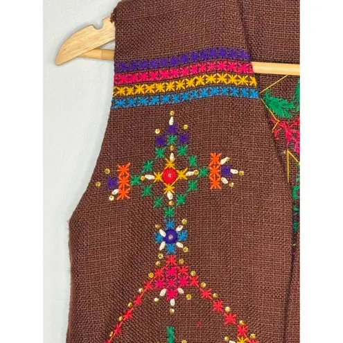Vintage Hand Embroidered Brown Knit Vest Folk Art Bohemian Festival Fringe Small