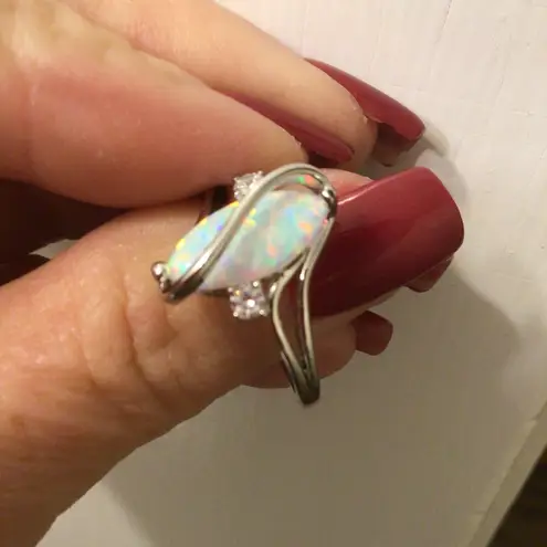 White Gold Plated Brass Created Fire Opal with cubic zirconia sz 6 Silver