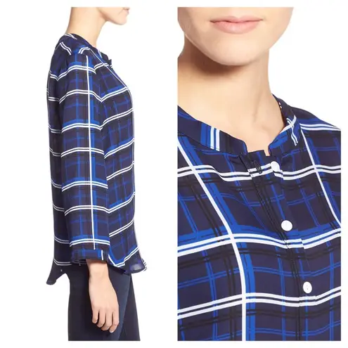 Amour Vert Plaid Odette Silk Blouse XS Blue Black