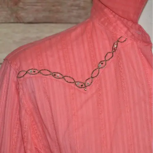 Wrangler Coral Pink Embellished Ladies M Pearl Snap Western Long Sleeve Shirt Co