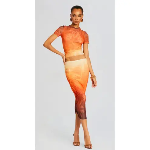 New! SER.O.YA NIA MESH MIDI Skirt in Sunset Palm sz Small $248 Orange