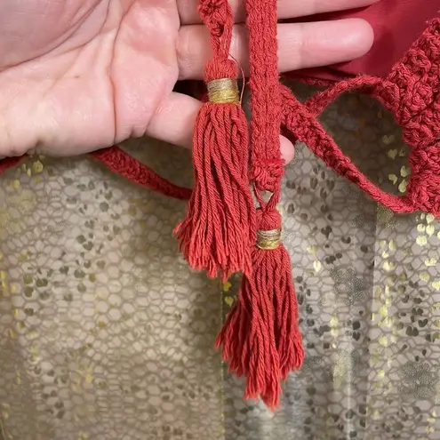 Crocheted burnt rust orange high neck halter boho bikini swim top, size M/L Orange Size M