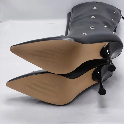 Black Studded Knee High Pointed Toe Stiletto Heel Boots Womens 7.5 Edgy Chic