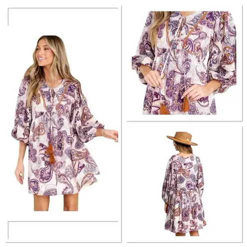 Band of the Free Lyonette Paisley Boho Mini Dress in Cream & Purple, Medium. NWT Purple