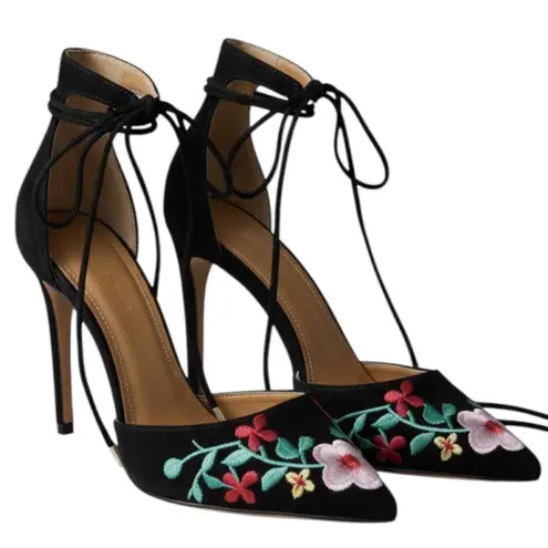 Shoe Republic LA Shoe República LA Black Embroidered Floral Pointed Toe Heels Tustin 9 Lace Up