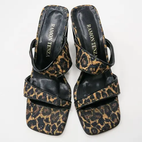 Vintage 90s Ramon Tenza Leopard Cut Out Wedge Mules Size 7.5
