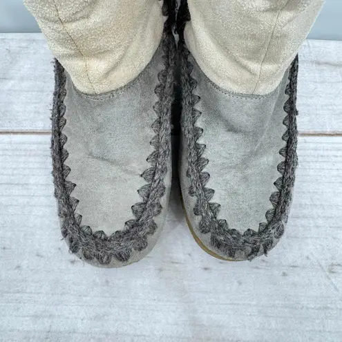Vintage Y2K 90s American Eagle Wedge Heel Faux Suede Boots Crochet Midcalf Boho Gray Size 6.5