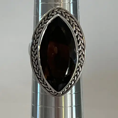 Marquis Smoky Quarts 925 Sterling Silver Ring Size 9 Black