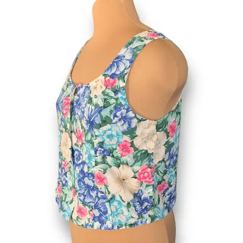 Women’s Vintage Royal Creations Tank Cropped Blue Pink Tropical Flower Scoopneck Size XL